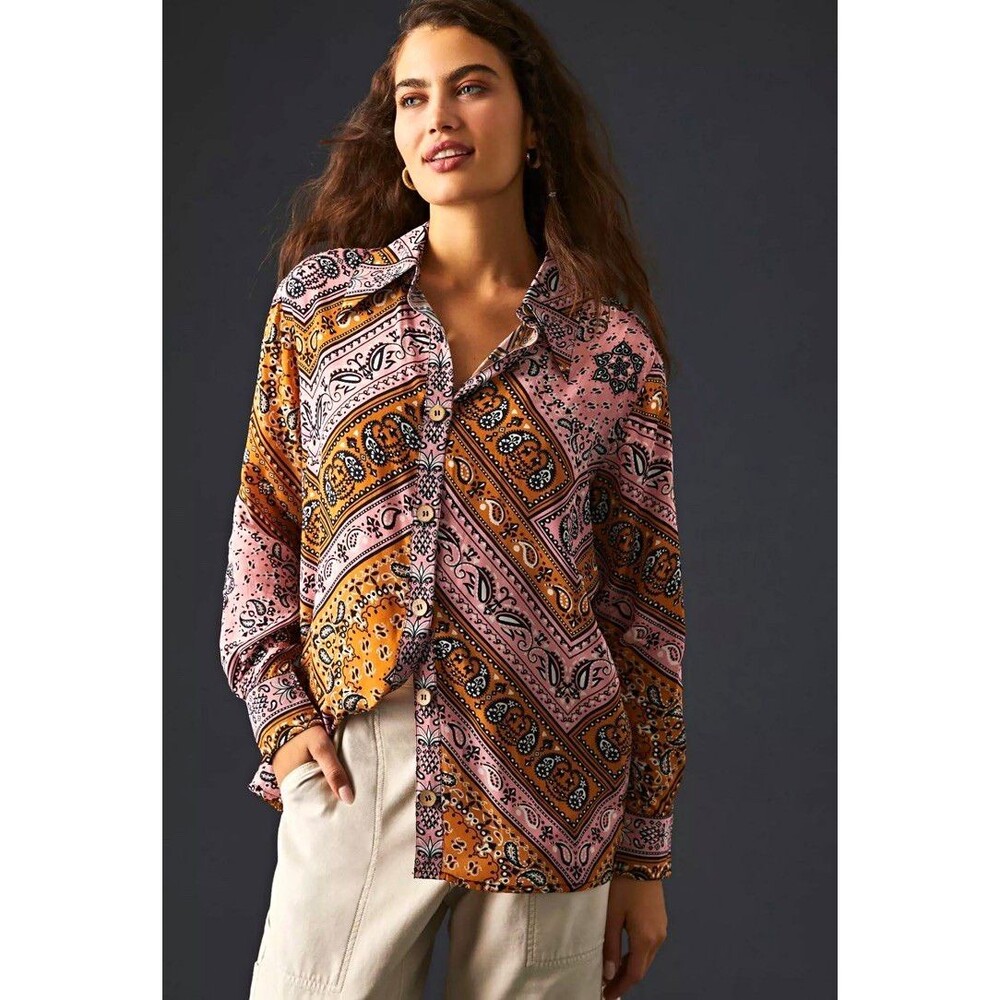 Farm Rio x Anthropologie Classic Bandana Print Small Button Down Paisley Print